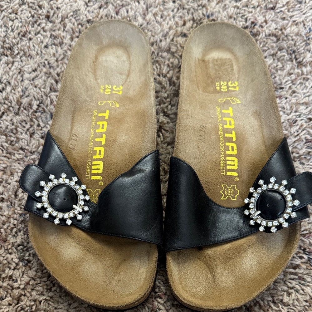Birkenstock Black Leather Slide Sandals with Crystal Sunburst Buckles